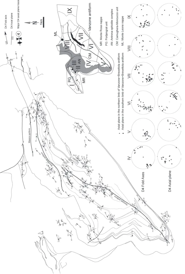 Fig. 9.Orientations data of D4 structural elements (except for stretching lineations and transport directions given in Fig