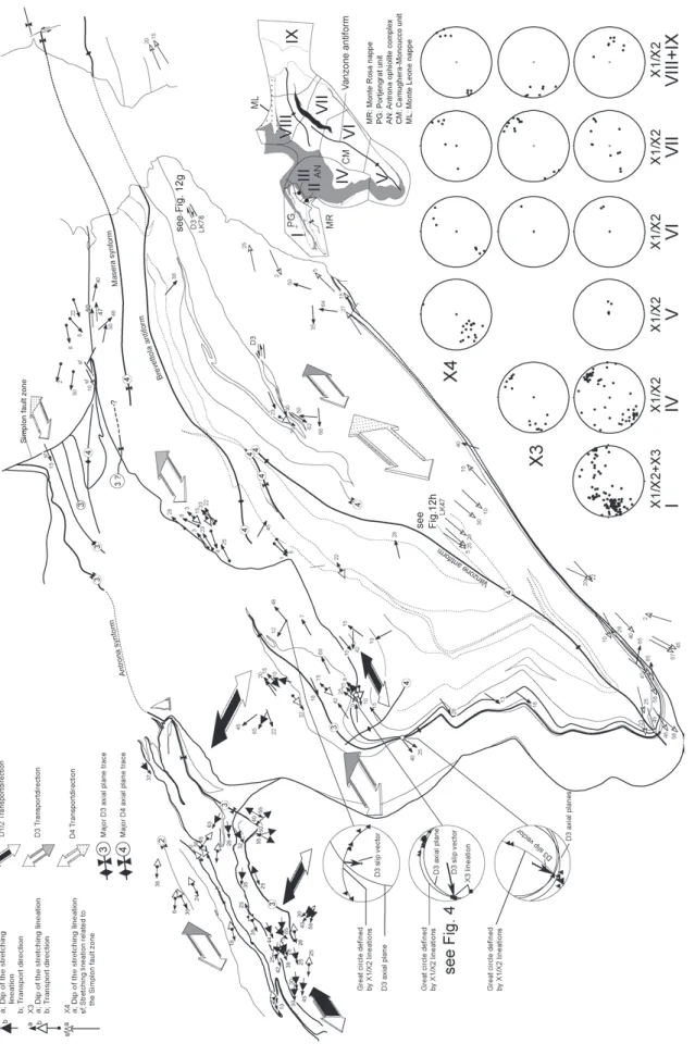 Fig. 10.Orientations of D1/D2, D3 and D4 stretching lineations. Stereonets include all measurements connected to the indicated subareas