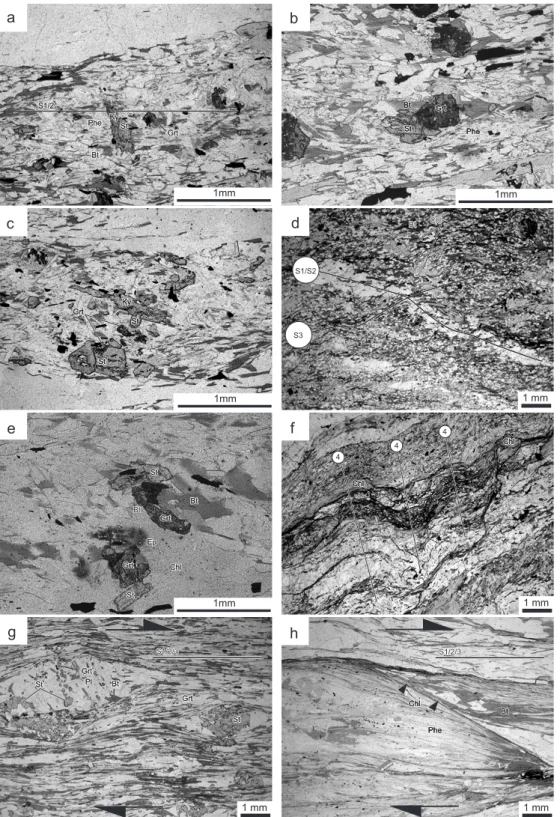 Fig. 12. Photomicrographs of thin sections. Microstructures depicted in Fig. 12a-e are all from the same outcrop illustrated in Figure 4