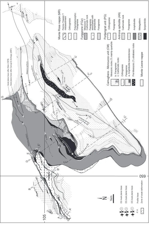 Fig. 2.Map of the study area outlined in Figure 1, indicating tectonic units, fold axial plane traces and lithologies