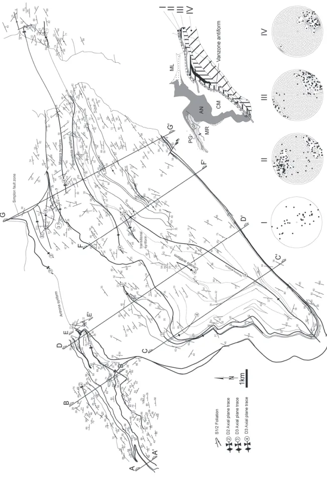 Fig. 5.Map of the composite S1/S2 foliation and stereonets giving orientations of all S1/S2 foliation data from the indicated subareas