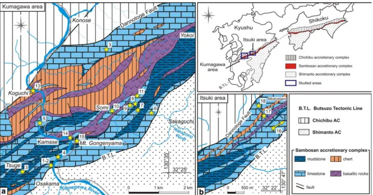 Fig. 3 Geological maps of a Kumagawa and b Itsuki areas. Studied outcrops are indicated by yellow stars