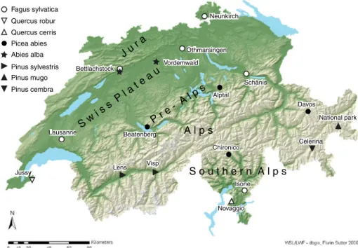Fig. 1 Location of the 17 study sites. These sites belong to the Swiss Long-term Forest Ecosystem Research (LWF) network
