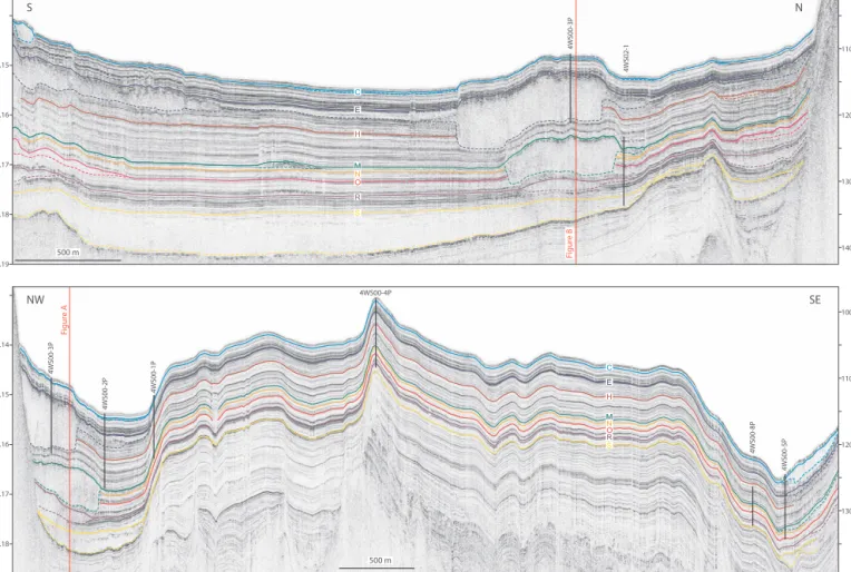 Fig. 5. Mapping of event horizons. A and B show two composite seismic lines across the western part of the study area