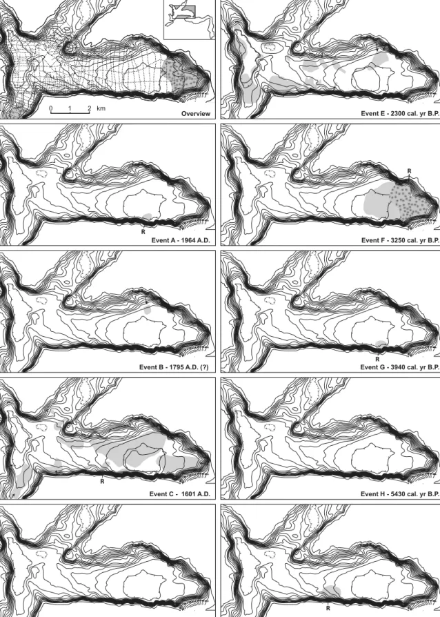 Fig. 6. Catalogue of mass-movement deposits in the subsurface of Lake Lucerne. The upper left panel shows the seismic survey grid, which was used for mapping and correlating the mass-movement deposits