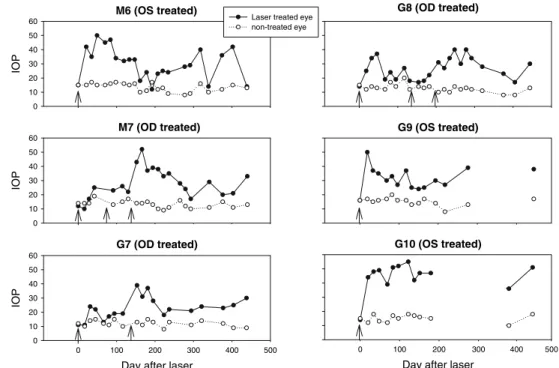Fig. 2 Intraocular pressures measured in the six monkeys over the period of measurements