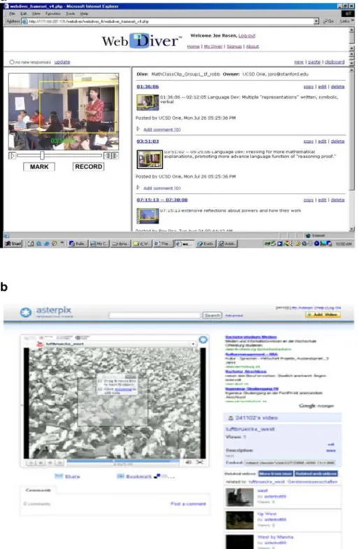 Fig. 2 a and b Graphical user interfaces of the video tools used in the study: (a) selective video tool WebDIVER TM (http://diver.stanford.edu), (b) integrative hypervideo tool Asterpix (http://www.asterpix.com/), no longer available