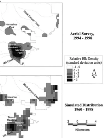 Figure 2. Maps of elk distribution (elk density, scaled to standard deviation units). (a) based on mean February elk density for the 1994 –1998 period, estimated from aerial  sur-veys (Singer and others 1998); and (b) based on SAVANNA simulations of winter