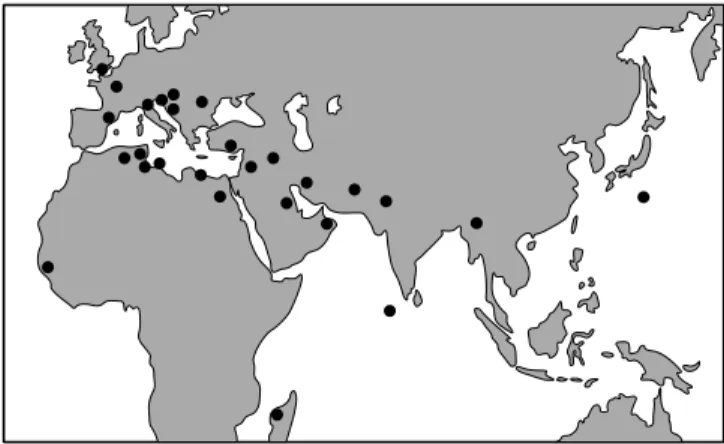 Fig. 1 Geographic distribution of the Eocene Nummulites carbonate deposits (modified from Racey 2001)