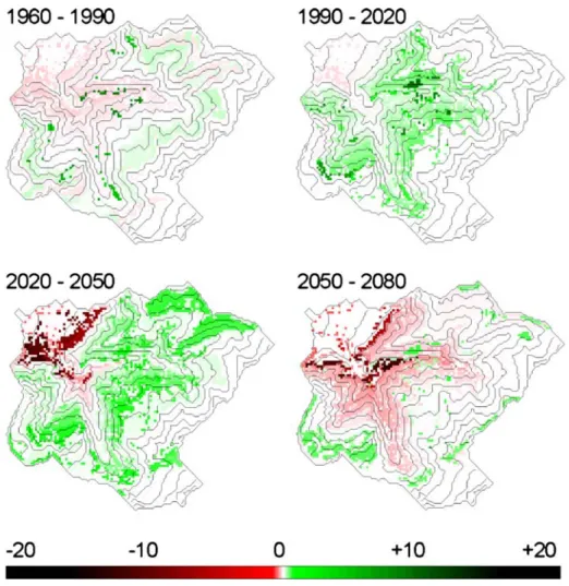 Fig. 2 Changes in vegetation carbon stock (kg C/m 2 ) in the Saltina catchment for the four time slices of the climate and land use change scenario A2 HadCM3 as compared to the conditions at the end of the spin-up run