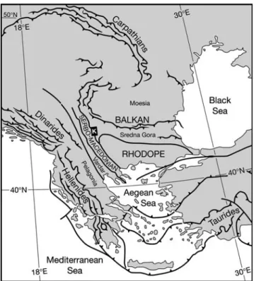 Fig. 1 Location of the study area (black square with K for Kraishte) within its Alpine tectonic framework