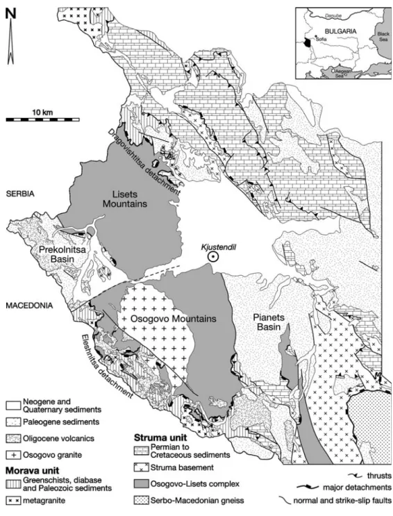 Fig. 2 Geological map of the Kraishte area (SW Bulgaria) modiﬁed from Moskovski (1969), Zagorchev and Ruseva (1993) and Zagorchev (1993).
