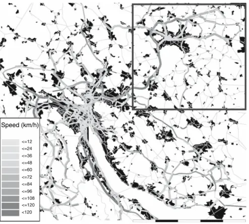 Fig. 1 Average measured road speeds (all times) matched to the Canton network model. The city of Zurich (fit sample) lies around a lake