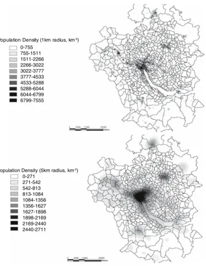 Fig. 2 Spatial patterns of population density in Canton Zurich with kernel radii 1 and 5 km