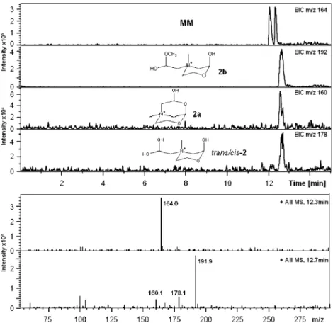 Figure 6. CE-MS experiments: Extracted ion chromatograms for m/z 164 (MM), 192 (2b), 160 (2a), and 178 (trans/cis-2) are shown.