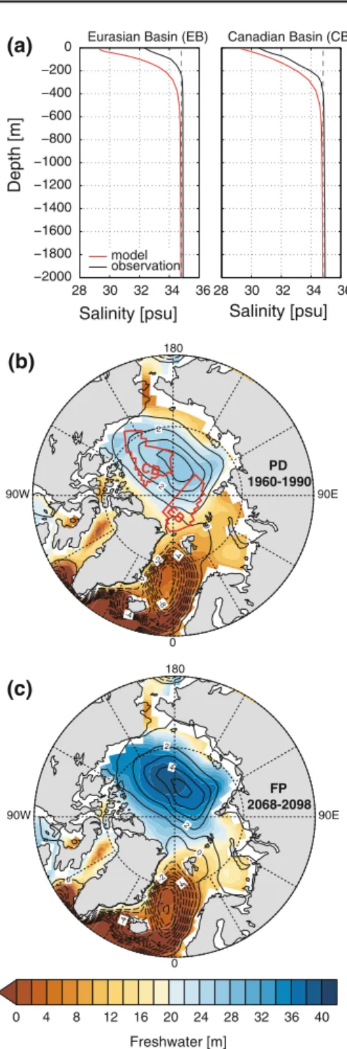 Fig. 4 Salinity profiles, freshwater storage, and barotropic stream function in the Arctic domain