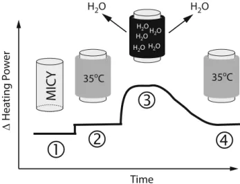 Fig. 4 Graphical scheme of experimental procedure (time progres- progres-sion versus Dheating power to maintain cylinder temperature at 35°C is displayed) using mini cylinder test device MICY