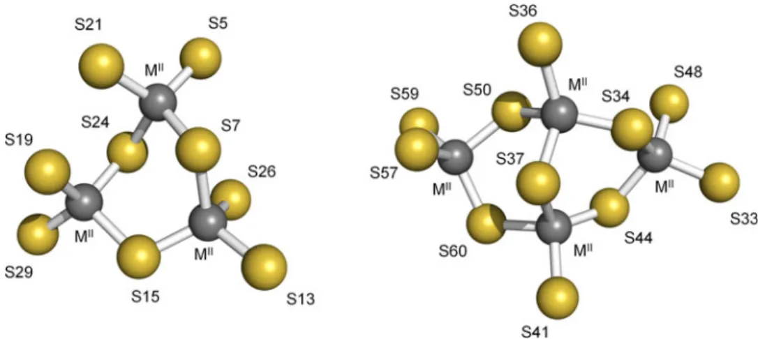 Fig. 1 Structure of the two metal–thiolate clusters with divalent metal ions (gray spheres) in mammalian M II 7 MT-2