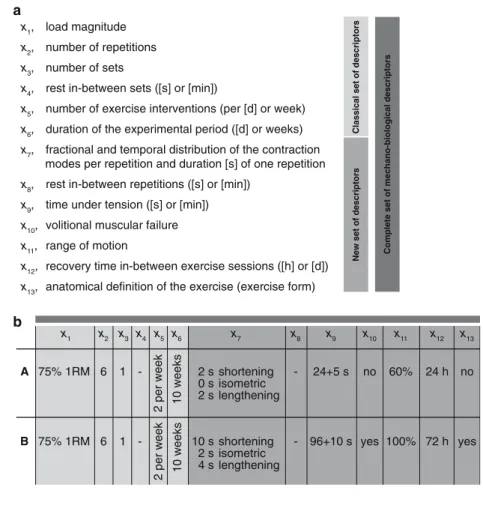 Table 1 Mechano-biological descriptors of resistance exercise stim- stim-uli. In order to better discriminate between the signi W cant  stimula-tory cues leading to distinct muscular adaptations, we propose to design and describe resistance exercise-relate
