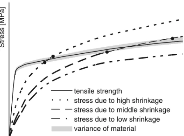 Fig. 14 Schematic development of tensile strength and shrinkage stress for different shrinkage values