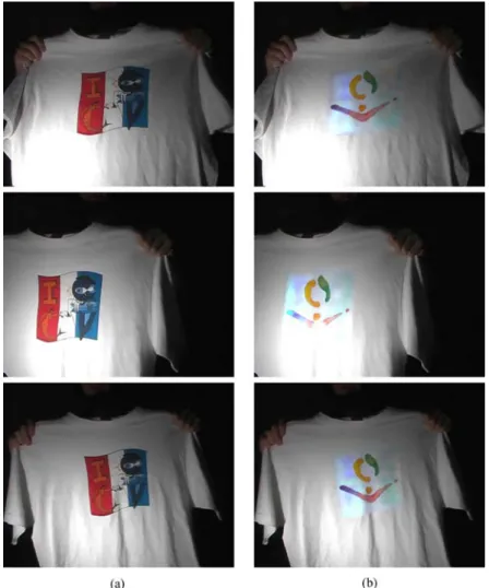 Figure 13. (a) original image. (b) The ISMAR logo replaces the shirt print. Recovering white is hard in this image since the model has large single-colored areas, making light evaluation difficult.