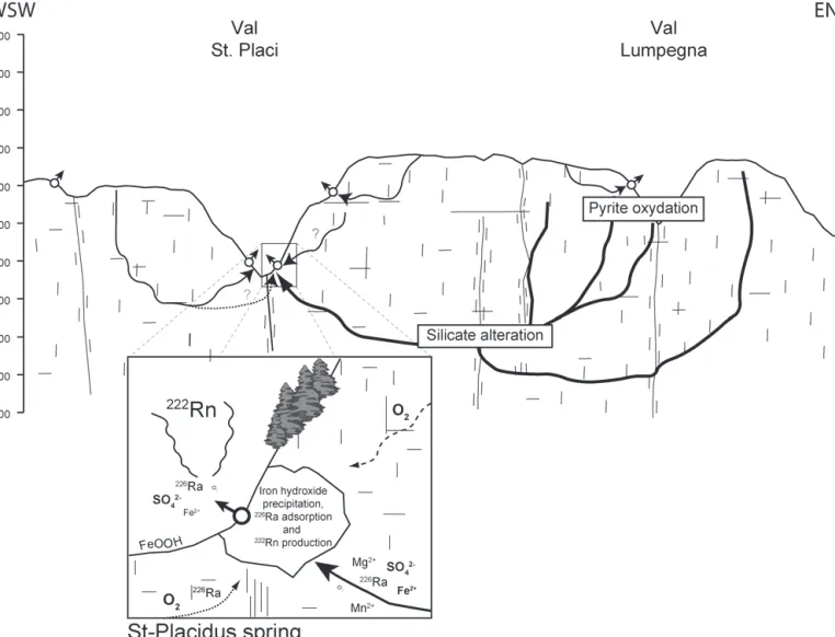 Fig. 8. Conceptual model showing the groundwater flow system and the geochemical processes causing the high radon content of St