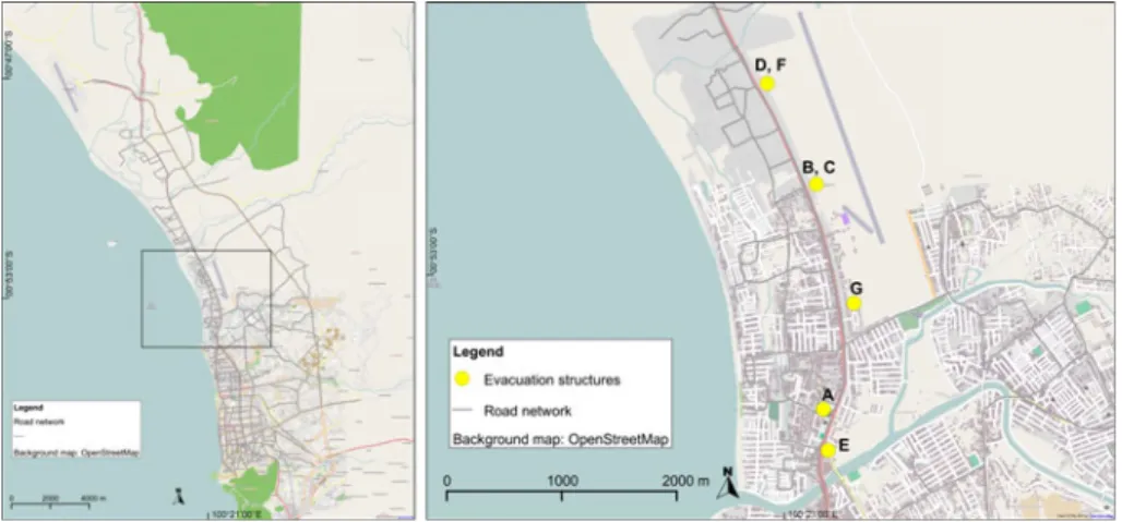 Fig. 7 Analysed potential locations of the evacuation hills for the northern part of Padang