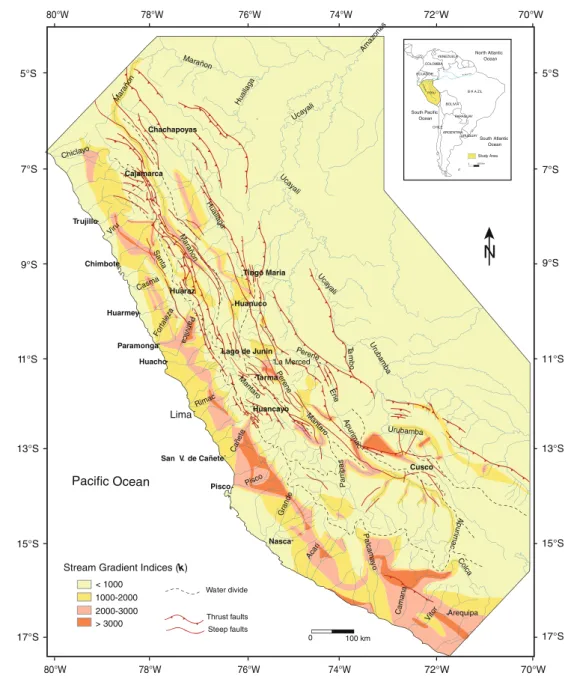Fig. 12 Contour map of stream gradient indices of the Peruvian Andes. Two belts of high values (2,000–3,000 and more) straddle the western escarpment of the Western Cordillera and the eastern escarpment of the Eastern Cordillera