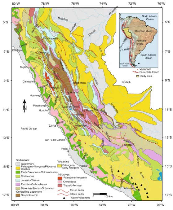 Fig. 2 Generalized geological map of the Peruvian Andes showing main lithologies and major thrust faults