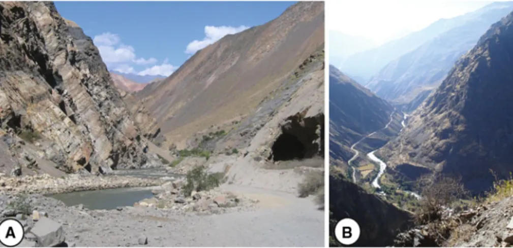 Fig. 3 Valley with steep slopes and active bedrock incision in the Pacific Basin. a Rio Santa cutting into tilted Early Cretaceous sandstones