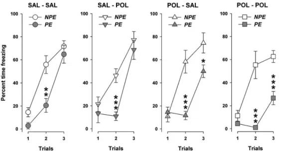 Fig. 1 The e V ects of the prenatal and postnatal manipulations on the acquisition of the freezing response on the conditioning day in padolescence