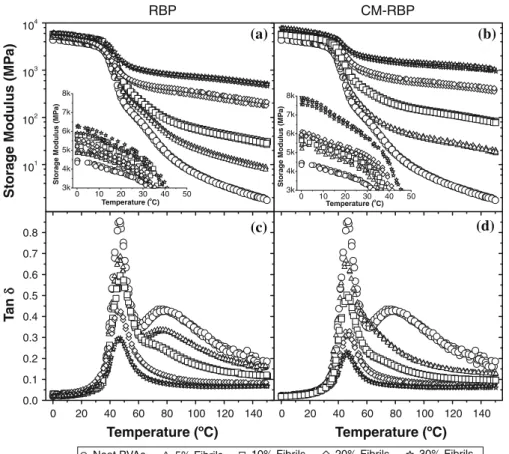 Fig. 2 Dynamic heating scans showing the storage modulus (top graphs) and tan d (bottom graphs) for PVAc composites prepared with the RBP and CM-RBP cellulose fibrils at 0, 5,