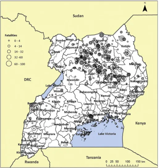 Fig. 2 The figure shows the districts and counties of Uganda and the location of fighting events