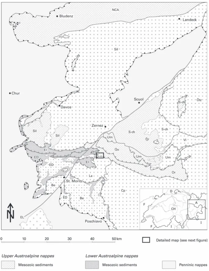 Fig. 1.  Simplified geological map of the Austroalpine nappes in Canton Graubünden (modified after BWG 2005: Tektonische Karte der Schweiz 1 : 500'000)