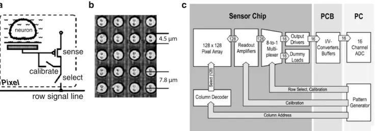 Fig. 3 High-density sensor array with 16,384 pixels based on open-gate field effect transistors on a 1×1 mm 2 area
