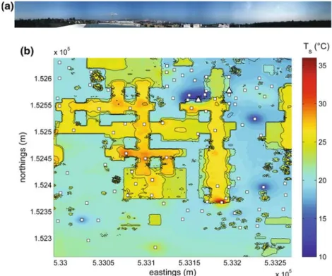 Fig. 7 a Sky conditions over the EPFL campus on 14 March 2007 at 13:30 local time. b Spatial interpolation of the radiometric surface temperature measured by the stations (illustrated as squares) at the same time