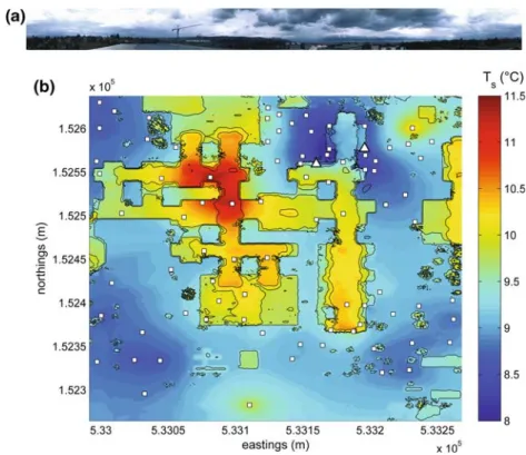Fig. 8 a Sky conditions over the EPFL campus on 24 March 2007 at 15:30 local time. b Spatial interpolation of the radiometric surface temperature measured by the stations (illustrated as squares) at the same time