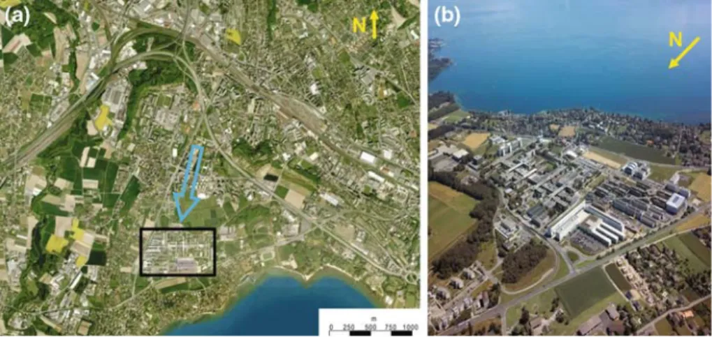 Fig. 1 a Satellite image of the EPFL campus (in black) and the surrounding region, which is a mix of built-up areas and small crop fields