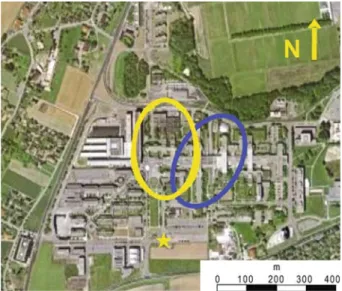 Fig. 3 Source areas for the 0 ◦ wind sector (yellow) and for the 30 ◦ wind sector (blue) obtained with Schmid’s method [42]