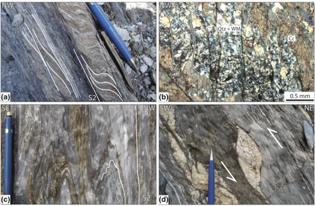 Fig. 6 Structures related to the D2 deformation phase: a Character- Character-istic D2 spaced crenulation cleavage on the mesoscale [571815/