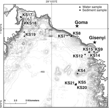 Figure 1 Bathymetric map of the northern basin of Lake Kivu show- show-ing the locations from where samples were collected