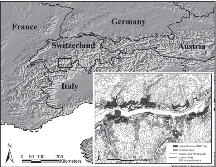 Figure 1. Location of the upper Swiss Rhone valley within the Alpine arc and location of the research area.
