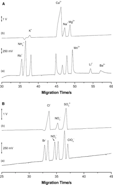 Fig. 4 a Electropherograms for a standard mixture of cations (a) and of a sample of Rhine water (b)