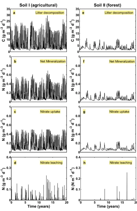 Figure 6. Simulated rates of litter decomposition (a, e), net nitrogen mineralization (b, f), nitrate uptake (c, g) and nitrate leaching (d, h) for both agricultural and forest soils under climate A conditions.