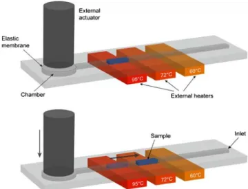Fig. 1 Principle of sample shuttling: The PCR reaction is performed inside a straight channel ending in a chamber with a membrane which is deflected to move the liquid sample back and forth over three constantly heated regions