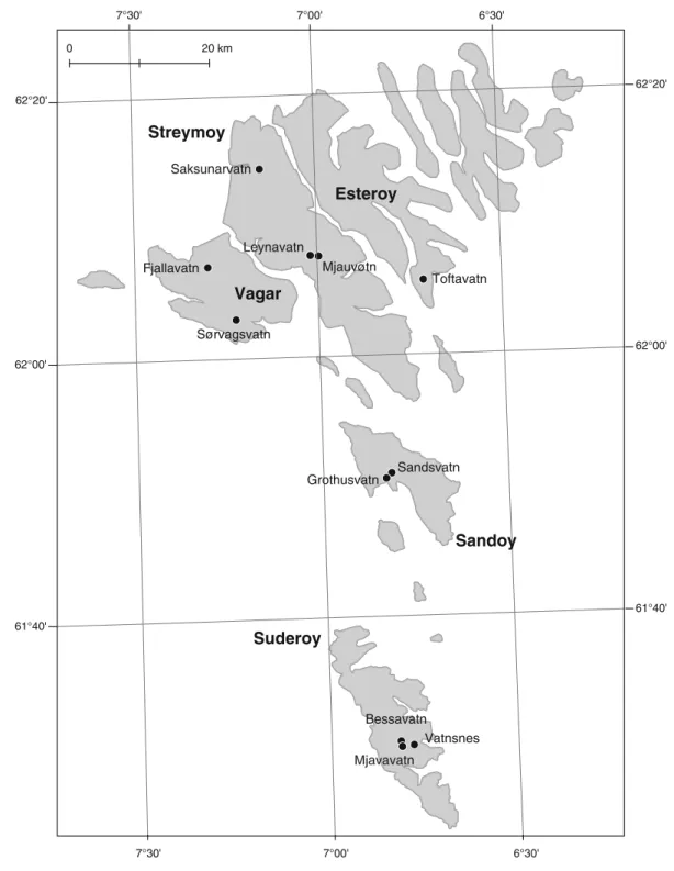 Fig. 1 Geographical location of the eleven Faroese study lakes