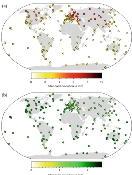 Fig. 1 Standard deviation of the APL corrections from the Petrov and Boy (2004) model over 15 years (January 1994 to December 2008) for the 240 stations included in the GNSS solution