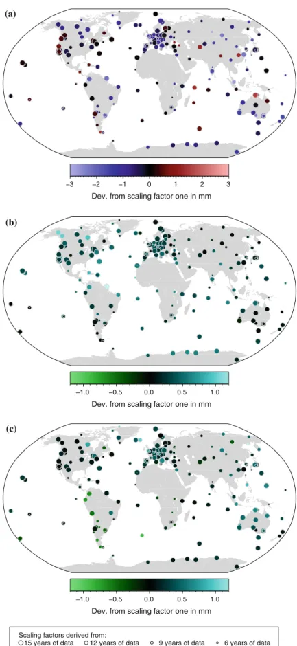 Fig. 5 Deviation of the scaling factors from 1 . 0 for the APL corrections emerging from the Petrov and Boy (2004) model established by the analysis of 15 years of GNSS data scaled by the size of the APL correction for the station (in units of the RMS of t