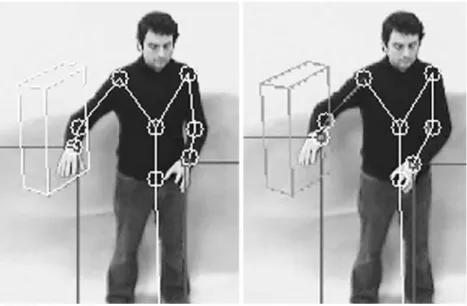 Fig. 16 Collision-free posture (left) and posture causing a collision between the elbow and the obstacle (right); the obstacle changes color to indicate the occurrence of the collision
