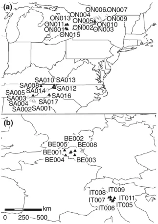 Fig. 1 Map showing the source populations of Solidago gigantea Aiton (white triangles diploid, black triangles tetraploid) used in the experiment in North America (a; SA Southern Appalachian Mts., ON Ontario) and Europe (b; IT northern Italy, BE Belgium)